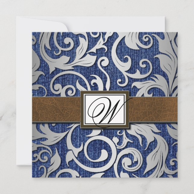 Leather Monogram Denim Western Wedding Invitations (Front)