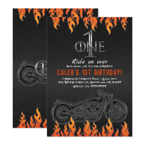 Leather & Orange Flames Motorcycle 1 1ST Birthday Invitation