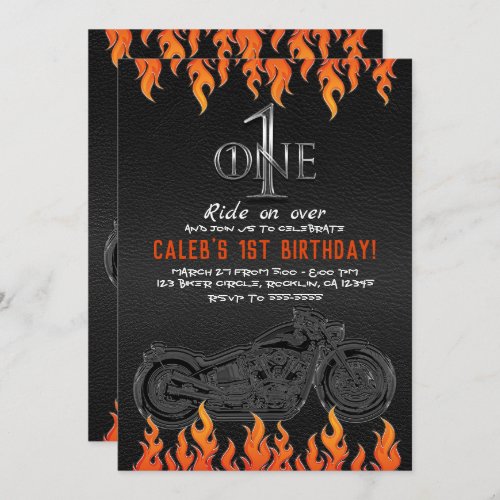 Leather  Orange Flames Motorcycle 1 1ST Birthday Invitation