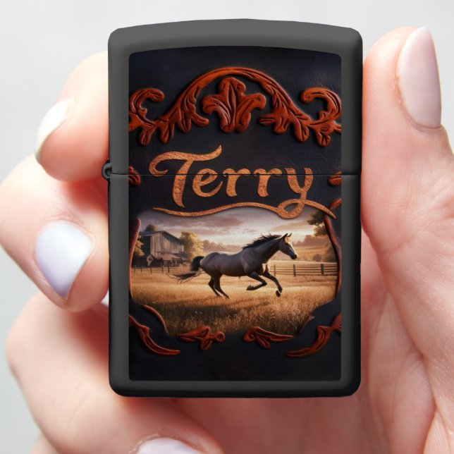 Leather Patch With Horse and Name Zippo Lighter (In Hand)