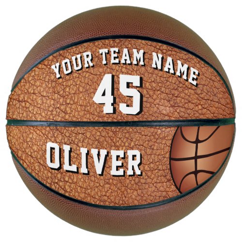 Leather Print Player Name Team Number Basketball - Custom Leather Print Player Name Team Number Basketball. Personalize it with your team name, number and player name. The design has a basketball on the side and a leather print - the leather details are simulated on the design. A great keepsake to remember your favorite sport. A perfect gift for basketball players, teammates, coaches,...