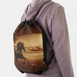 Leather Ranch Horse Drawstring Bag