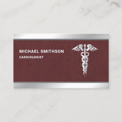 Leather Steel Caduceus Symbol Medical Professional Business Card