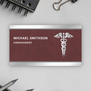 Leather Steel Caduceus Symbol Medical Professional Business Card