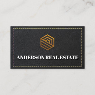 Leather Stitched Gold Real Estate Logo Business Card