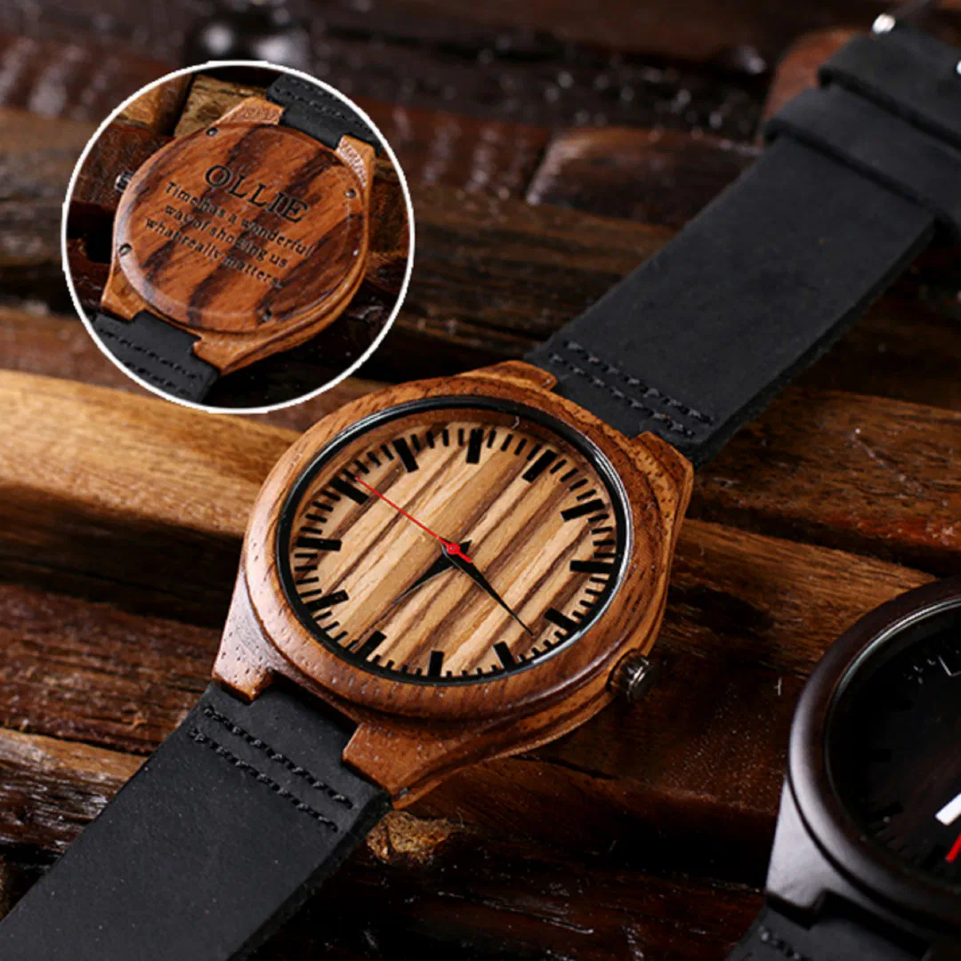 Leather Strap with Engraved Bamboo Watch (Front)