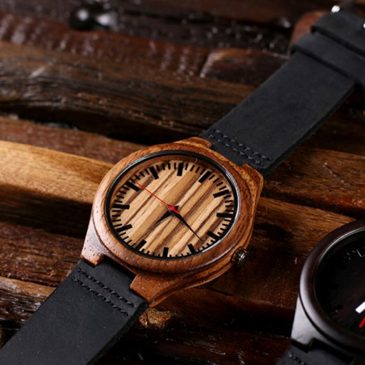 Leather Strap with Engraved Bamboo Watch (Front Right)