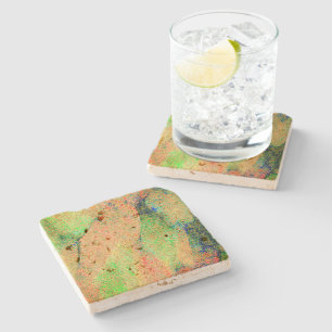 Leather style wrinkled and orange green worn paint stone coaster