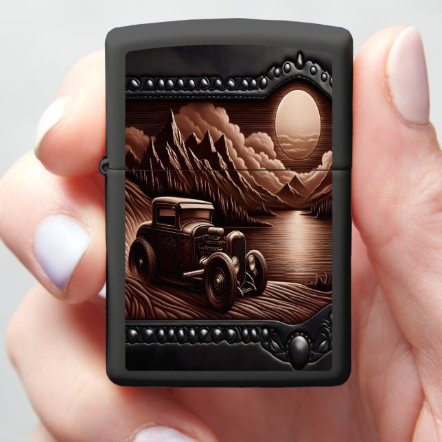 Leather-Styled Vintage Car Landscape Zippo Lighter (In Hand)