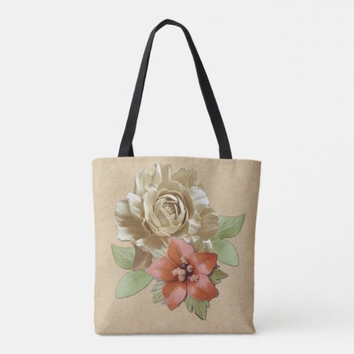 Leather  Suede Flower Art Tote Bag