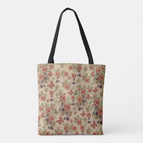Leather  Suede Flower Art Tote Bag