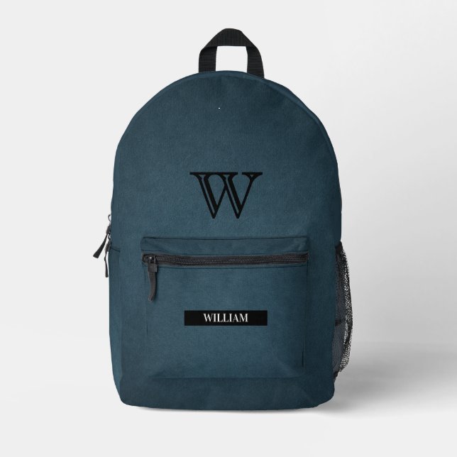 Leather Texture Black Monogram Name Printed Backpack (Front)