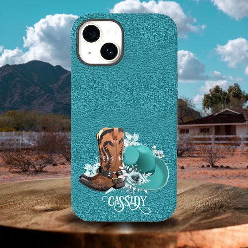 Leather texture cowgirl brown turquoise Case_Mate iPhone 14 case