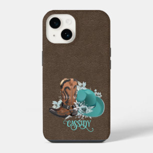 Leather texture cowgirl brown turquoise iPhone 14 case