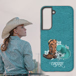 Leather texture cowgirl brown turquoise samsung galaxy s22 case<br><div class="desc">Leather texture cowgirl phone case  with brown cowboy boots,  turquoise cowboy hat and flowers. Personalized phone case. You can transfer this design to any other product on Zazzle,  look at: "Transfer design to a product"!</div>