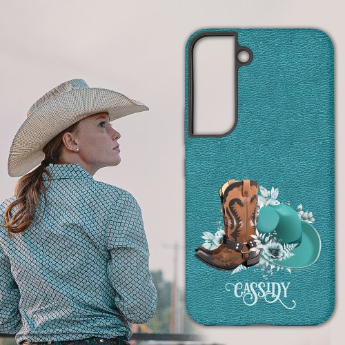 Leather texture cowgirl brown turquoise samsung galaxy s22 case