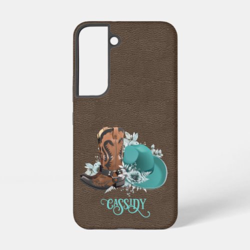 Leather texture cowgirl brown turquoise samsung galaxy s22 case