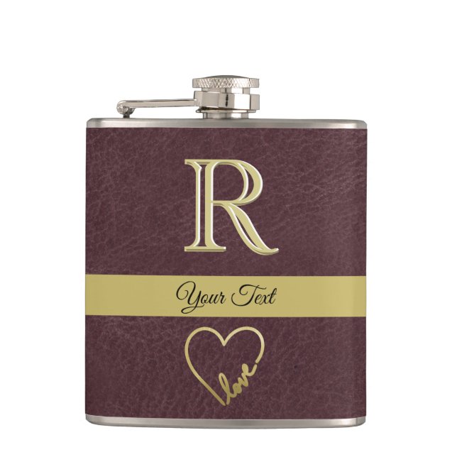 Leather Texture Custom Monogram with Love  Flask (Front)