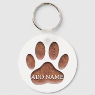 Leather Texture Dog Paw Print Custom Name Keychain