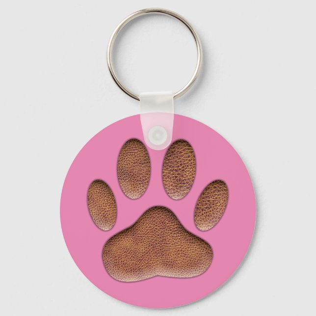 Leather Texture Dog Paw Print On Pink Keychain (Front)