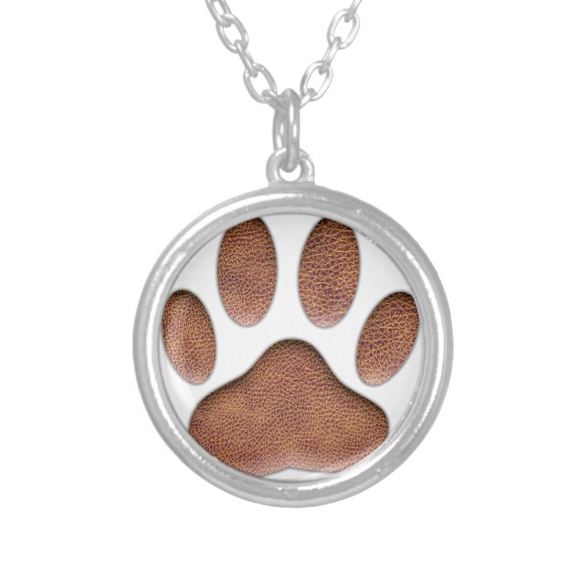 Leather Texture Dog Paw Print Silver Plated Necklace (Front)