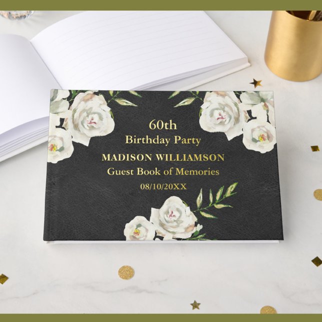 Leather Texture Floral Birthday Party Gold Foil  Foil Guest Book (Creator Uploaded)