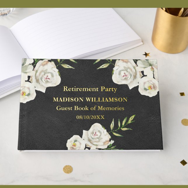 Leather Texture Floral Retirement Party Gold Foil  Foil Guest Book (Creator Uploaded)