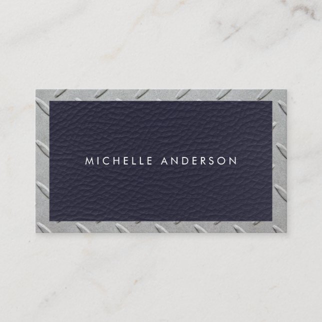 Leather Texture | Metallic Steel Border Business Card (Front)