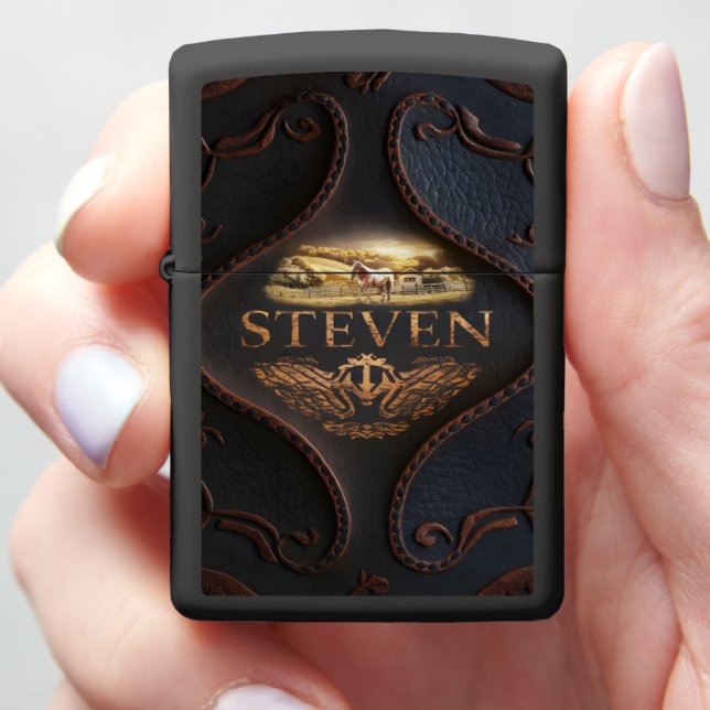 Leather Texture With Horse Scene Zippo Lighter (In Hand)