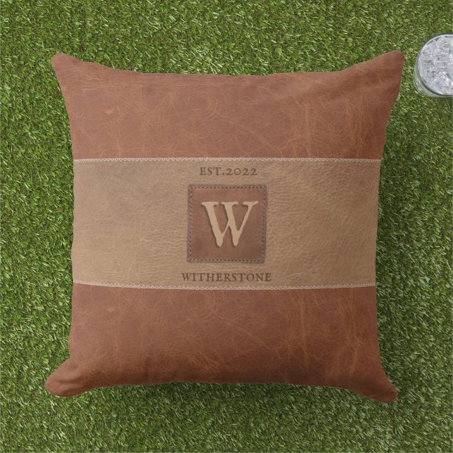 Leather Tone Stripe Chestnut Brown and Tan Outdoor Pillow (Grass)