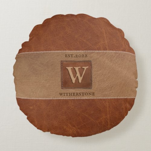 Leather Tone Stripe Chestnut Brown and Tan Round Pillow