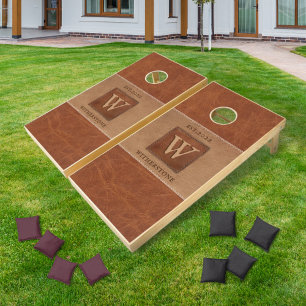 Leather Tone Stripe Horizontal Tan Chestnut Brown Cornhole Set