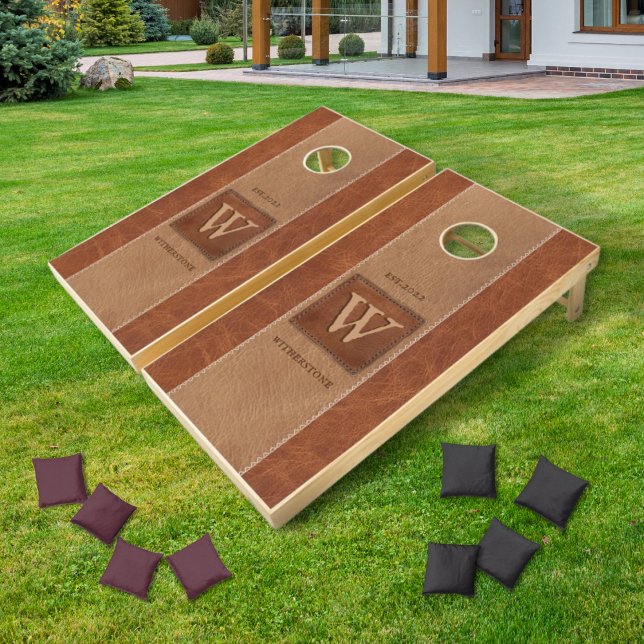 Leather Tone Stripe Vertical Tan Chestnut Brown Cornhole Set (Creator Uploaded)