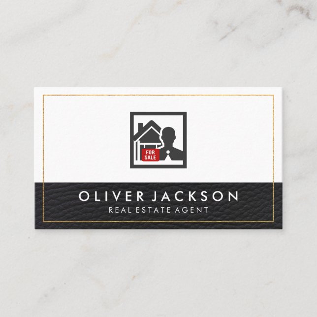 Leather Trim Lux Gold Border Realtor Business Card (Front)