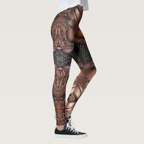 Leather Viking Chest Armor Abstract Design Brown Leggings
