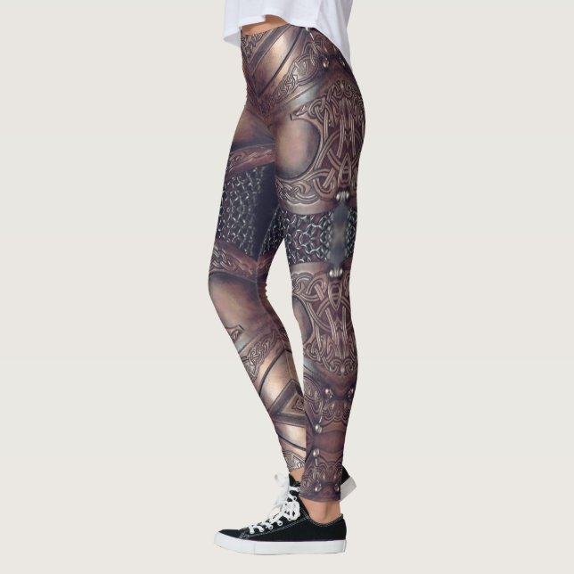Leather Viking Chest Armor Abstract Design, Brown  Leggings (Left)