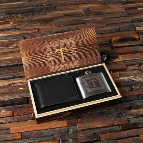 Leather Wallet Gift Set with Engraved Steel Flask