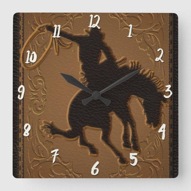Leather Western Wild West Rustic Country Cowboy Square Wall Clock (Front)