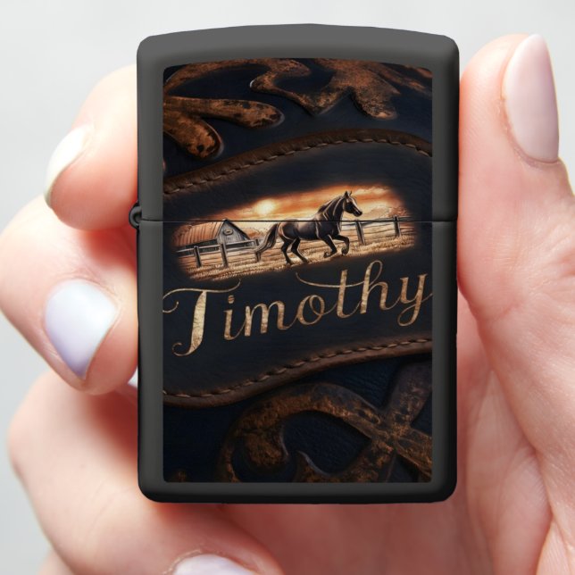 Leather With Horse and Sunset Zippo Lighter (In Hand)
