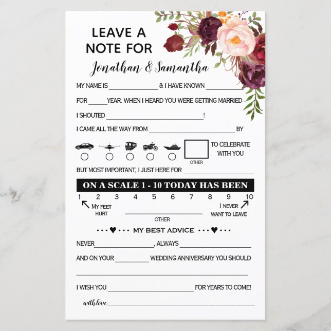 Leave a Note for Newlywed Bilingual Marsala (Front)