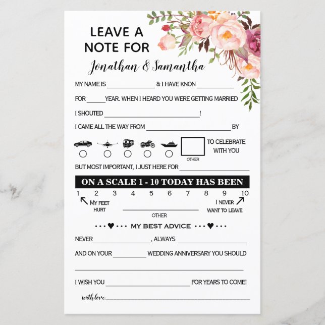 Leave a note for Newlywed bilingual pink wedding (Front)