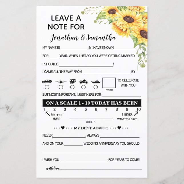 Leave a Note for Newlywed bilingual Sunflowers (Front)