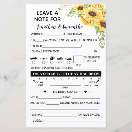 Leave a Note for Newlywed bilingual Sunflowers