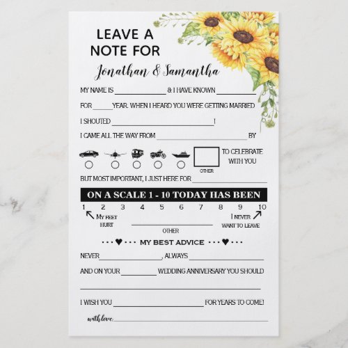 Leave a Note for Newlyweds Sunflowers Game Card Flyer