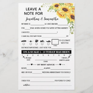 Leave a Note for Newlyweds Sunflowers Game Card Flyer