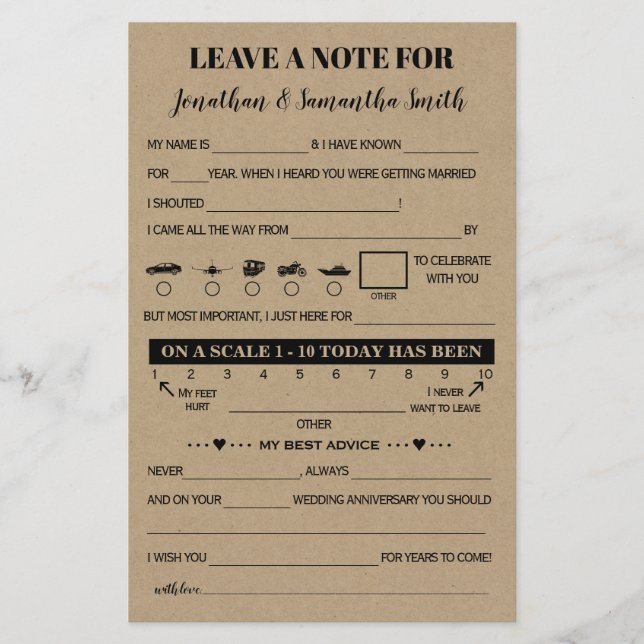 Leave a Note to Couple Rustic Wedding Game Card Flyer (Front)
