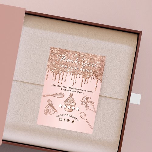 Leave A Review Rose Gold Pink Drips Cupakes Bakery Enclosure Card