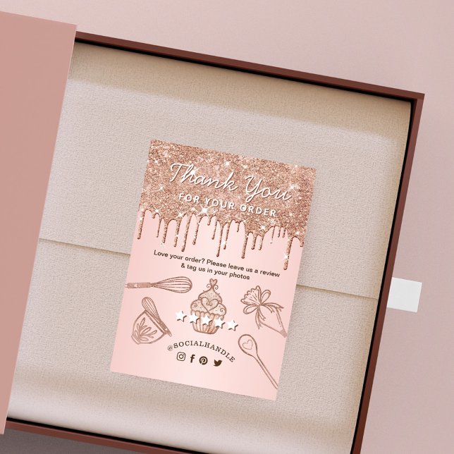 Leave A Review Rose Gold Pink Drips Cupakes Bakery Enclosure Card (Creator Uploaded)