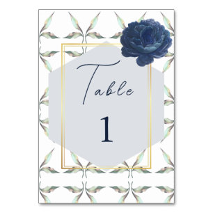 leave Pattern And Frame Navy Blue Floral Wedding Table Number