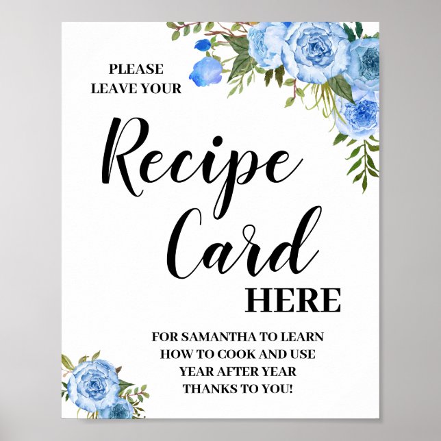 Leave Recipe Card Here Bridal Shower Blue Floral Poster (Front)